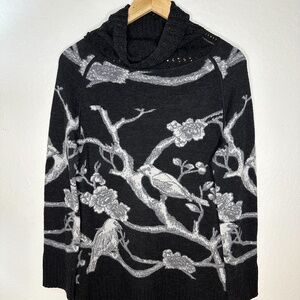 Krimson and Klover Sweater - Black and Gray Wool - Cowl Bird Design - Large L